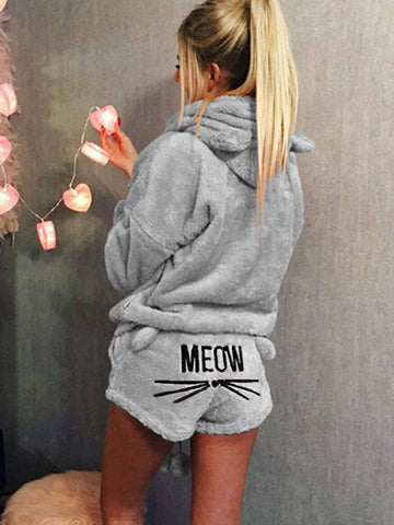 Airchics combinaison pyjama short pilou pilou polaire meow brodée à capuche mignon femme vetement